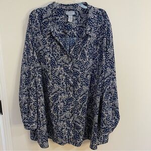 Catherines Navy and Cream Patterned Long Sleeve Button Down Blouse Wm Sz 3X